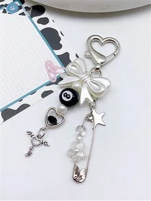 1pc Bowknot Beaded Brooch With Angel Key And Heart Keychain, Sweet Cool Fashion Accessory For Girls - Multicolor - View 4