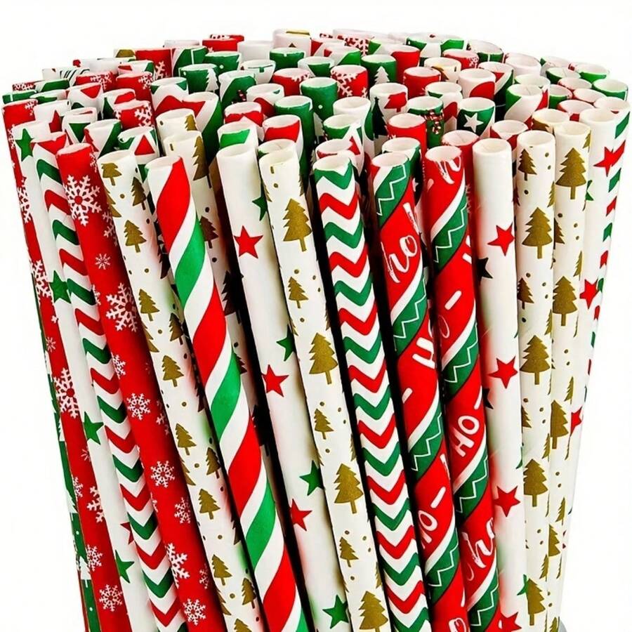 25pcs Christmas Paper Straws Santa Claus Christmas Tree Party Decoration Straws Disposable Degradable Drink Straws, Christmas Decorations, Cute Aesthetic Stuff, Cool Gadgets, Unusual Items , Festival, Party
