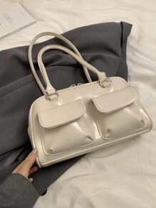 Large Capacity Work PU Tote Bag, Simple & Fashionable Women's Shoulder Bag With Multiple Pockets, Solid Color, Personalized & Large Capacity Handbag - Beige - View 4