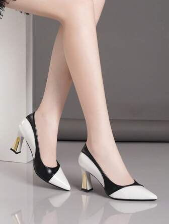 Women's Pointed Toe Chunky High Heel Pumps, New Arrival Color Blocking Black White Silver Gold Patent Leather Fashion Shoes