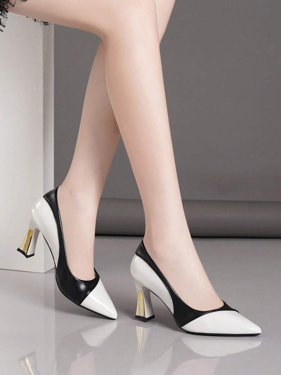 女士尖头粗高跟鞋，新款撞色黑白银金漆皮时尚鞋 - 黑與白 - 查看 1