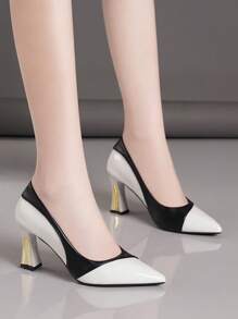 女士尖头粗高跟鞋，新款撞色黑白银金漆皮时尚鞋 - 黑與白 - 查看 2