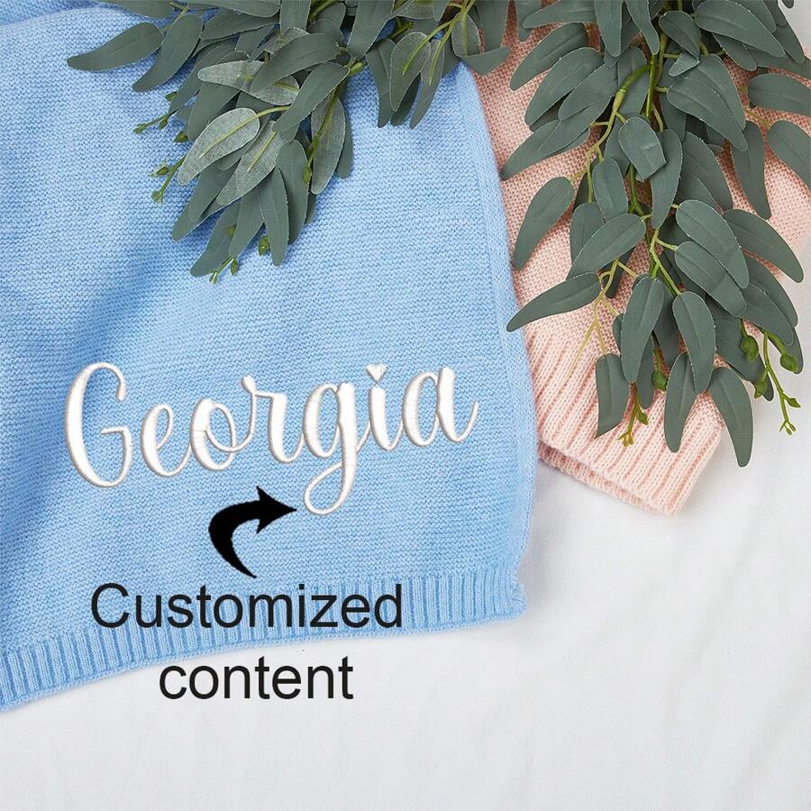 个性化针织毯、刺绣名字、婴儿车毯、柔软透气针织、定制刺绣针织毯、个性化针织毯、定制刺绣毯、个性化针织披肩、定制刺绣毯、个性化针织被子 - 藍色 - 查看 1