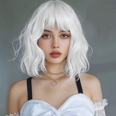 渐变金色短款波浪卷发假发，带刘海，铂金色波波头假发，耐热合成假发，适合女性日常佩戴和派对场合