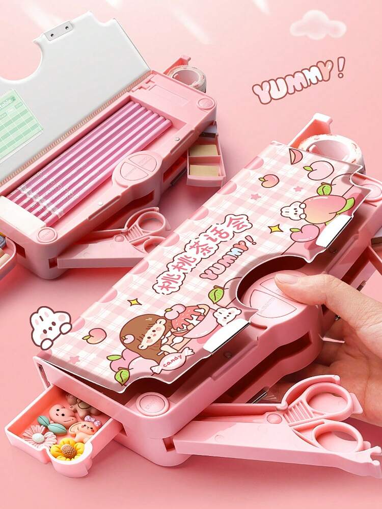 1入多功能筆袋,原子筆盒,可變形密碼鎖,雙層文具盒 - 粉色 - 查看 3