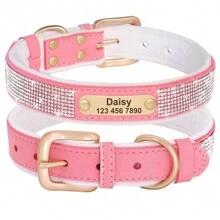 Collar de mascota personalizado de unicolor con strass y peluche, ajustable con placa de identificación, adecuado para perros pequeños y medianos. Ornamental, grabado, de acero inoxidable, con lentejuelas, elegante, sobrio, de moda, lindo, adorable, colorido, único, personalizado, decoración navideña, hallazgos valiosos, placas de identificación personalizadas con nombre/ID de perro, collares de perro personalizados, regalos ideales para él, ella, familia, amigos, amantes de las mascotas, para aniversarios, cumpleaños, Navidad, inauguración de la casa, otoño/invierno.' - Rosa - Ver 3
