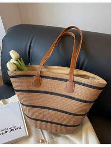 1pc Women's Wide Brim Sun Hat + 1pc Women's Fashionable Woven Straw Bag - Khaki - View 7