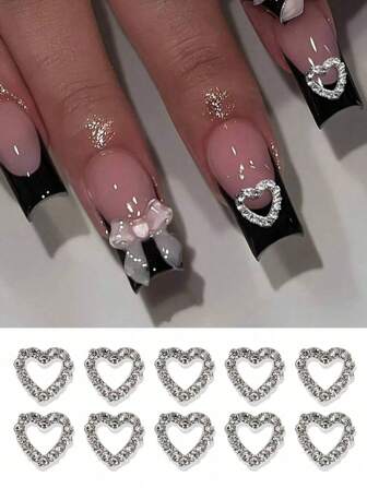10 件银色水钻心形美甲吊坠 3D 美甲合金心形装饰 DIY 艺术装饰配件指甲饰指甲宝石美甲用品指甲