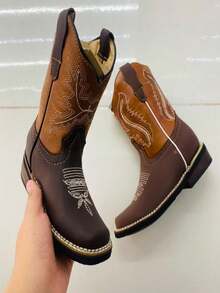 Botas vaqueras niños niñas bebés primeros pasos unisex con plataforma botines infantil moda café marrón negra 12mx-21mx ecopiel elegante cowbow chelsea flores detalles de calidad - Ver 2