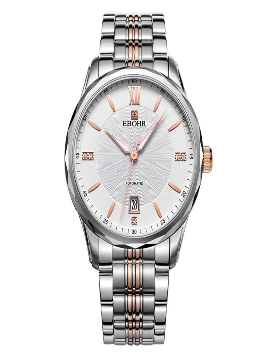 男士商務風格不鏽鋼自動機械手錶，配有玫瑰金表帶，50米防水 - 彩色 - 查看 1