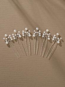 6pcs/Set European Style Wedding Bride Hair Pin Set, Pearl Decorated, Copper Wire Braided Technique Hair Accessories - Silver - View 1