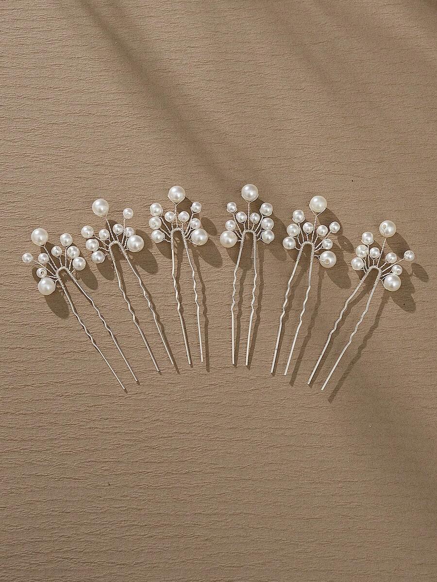 6pcs/Set European Style Wedding Bride Hair Pin Set, Pearl Decorated, Copper Wire Braided Technique Hair Accessories - Silver - View 1