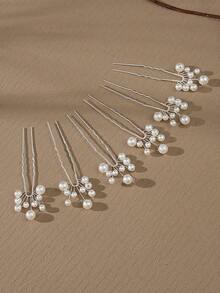 6pcs/Set European Style Wedding Bride Hair Pin Set, Pearl Decorated, Copper Wire Braided Technique Hair Accessories - Silver - View 5