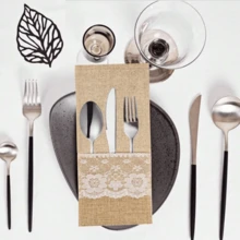 6Pcs/2Pcs Natural Burlap Cutlery Pouch, Burlap Silverware Holders Silverware Bags, Hessian Burlap Lace Utensil Napkin Holders, Knifes Forks Bag With Inner Ideal For Picnics, Camping, Parties, Birthday, Weddings - Beige - View 12