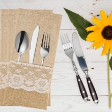 6Pcs/2Pcs Natural Burlap Cutlery Pouch, Burlap Silverware Holders Silverware Bags, Hessian Burlap Lace Utensil Napkin Holders, Knifes Forks Bag With Inner Ideal For Picnics, Camping, Parties, Birthday, Weddings - Beige - View 10