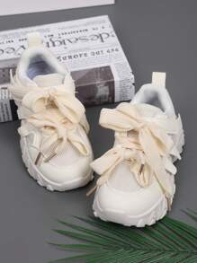 Sapatilhas Chunky de Malha com Laço de Moda Primavera para Crianças, Leves, Respiráveis, Anti-derrapante com Sola Macia para Sapatos Atléticos Casuais ao Ar Livre para Meninas Pequenas