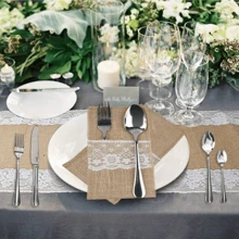 6Pcs/2Pcs Natural Burlap Cutlery Pouch, Burlap Silverware Holders Silverware Bags, Hessian Burlap Lace Utensil Napkin Holders, Knifes Forks Bag With Inner Ideal For Picnics, Camping, Parties, Birthday, Weddings - Beige - View 9