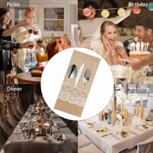 6Pcs/2Pcs Natural Burlap Cutlery Pouch, Burlap Silverware Holders Silverware Bags, Hessian Burlap Lace Utensil Napkin Holders, Knifes Forks Bag With Inner Ideal For Picnics, Camping, Parties, Birthday, Weddings - Beige - View 8