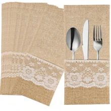 6Pcs/2Pcs Natural Burlap Cutlery Pouch, Burlap Silverware Holders Silverware Bags, Hessian Burlap Lace Utensil Napkin Holders, Knifes Forks Bag With Inner Ideal For Picnics, Camping, Parties, Birthday, Weddings - Beige - View 2