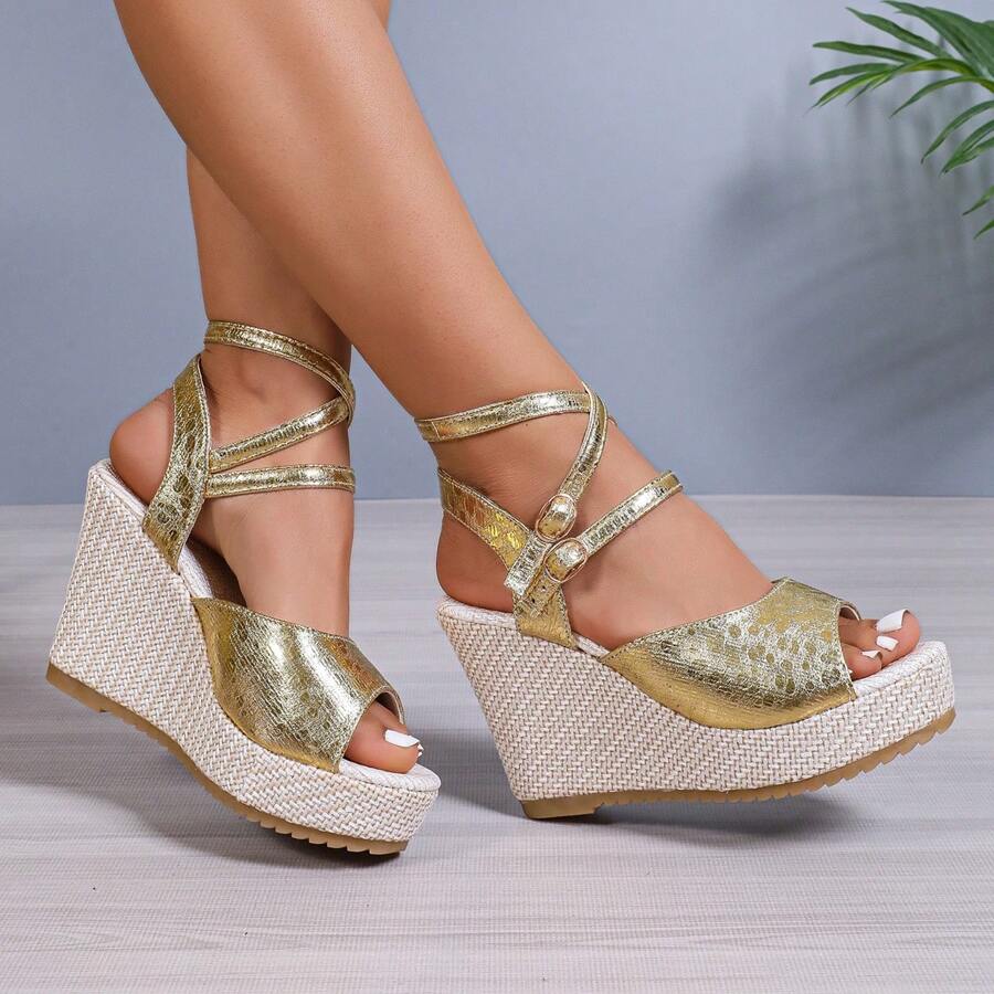 Wedge Absatzschuhe für Frauen mit erhöhter Absatzhöhe, dicke High Heels Sandalen mit wasserdichter Plateausohle und Peep Zehen - Gold - Übersicht 1
