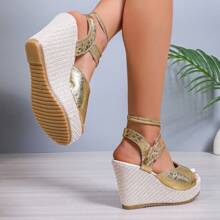 Wedge Absatzschuhe für Frauen mit erhöhter Absatzhöhe, dicke High Heels Sandalen mit wasserdichter Plateausohle und Peep Zehen - Gold - Übersicht 5