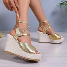 Wedge Absatzschuhe für Frauen mit erhöhter Absatzhöhe, dicke High Heels Sandalen mit wasserdichter Plateausohle und Peep Zehen - Gold - Übersicht 2