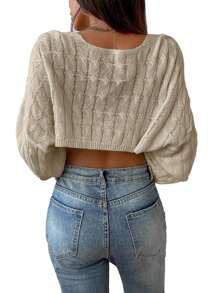 Womens Long Sleeve Open Front Crop Cardigan Sweater Drop Shoulder Shrugs Knit Bolero Sweaters Tops Outwear - 灰杏仁 - 查看 6