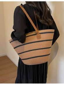 1pc Women's Wide Brim Sun Hat + 1pc Women's Fashionable Woven Straw Bag - Khaki - View 2