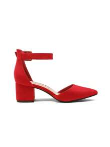 Women Pointed Toe Low Chunky Heels Pumps Ankle Strap Elegant Versatile Simple Shoes - ĐỎ/Da Lộn - Xem 5