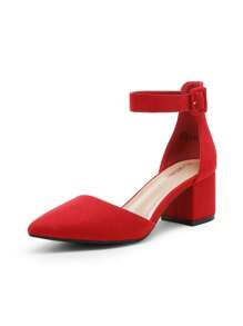 Women Pointed Toe Low Chunky Heels Pumps Ankle Strap Elegant Versatile Simple Shoes - ĐỎ/Da Lộn - Xem 3