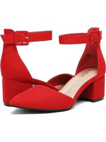 Women Pointed Toe Low Chunky Heels Pumps Ankle Strap Elegant Versatile Simple Shoes - ĐỎ/Da Lộn - Xem 6