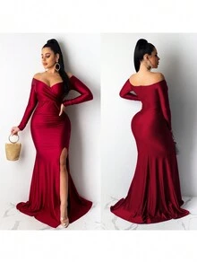 Vestido Elegante Con Escote En V Y Manga Larga Para Mujer - Rojo - Ver 2