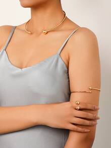 1入時尚極簡領型項鍊，環形手鐲戒指套裝，適用於女性日常穿戴和服裝搭配珠寶 - 金黃色 - 查看 4