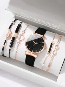 1 chiếc đồng hồ thạch anh mặt tròn thời trang bằng da PU màu đen và 5 chiếc vòng tay trang trí hình trái tim, dùng để trang trí hàng ngày làm quà tặng cho học sinh trở lại trường vào ngày lễ tình nhân - màu đen - Xem 1