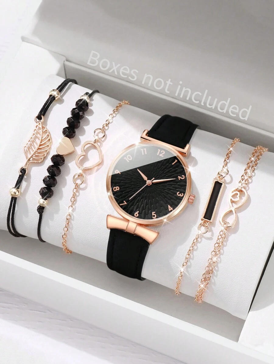 1 chiếc đồng hồ thạch anh mặt tròn thời trang bằng da PU màu đen và 5 chiếc vòng tay trang trí hình trái tim, dùng để trang trí hàng ngày làm quà tặng cho học sinh trở lại trường vào ngày lễ tình nhân - màu đen - Xem 1