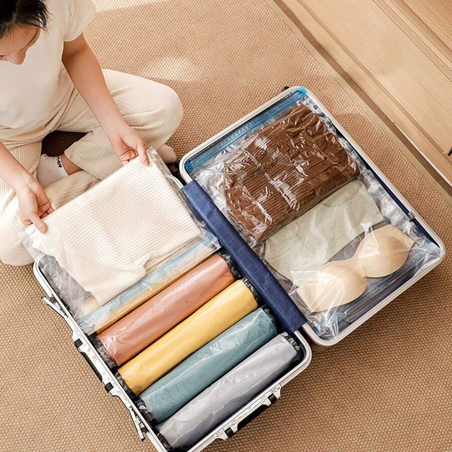 2pcs Travel/Home Thickened Rolling Compression Bags, Transparent Vacuum Bags With Air Valve For