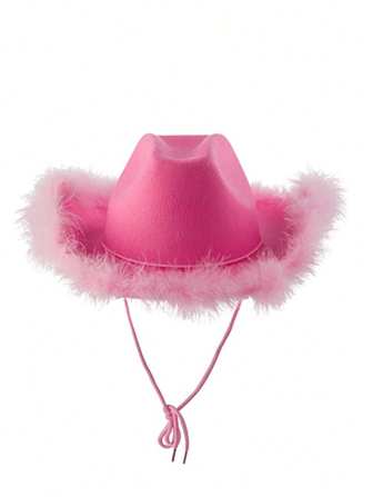 1pc Pink Western Style Women's Rolled Brim Fedora Hat With Feather Trim, Party Cowboy Hat Halloween