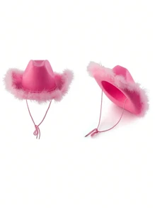 1 件装粉色西式女式卷边软呢帽，带羽毛饰边，派对牛仔帽万圣节 - 粉色 - 查看 4