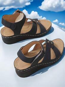 女士新款時尚楔形跟舒適厚底涼鞋，媽媽鞋，休閒開放式拖鞋 - 藏蓝色 - 查看 4