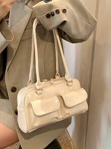 Large Capacity Work PU Tote Bag, Simple & Fashionable Women's Shoulder Bag With Multiple Pockets, Solid Color, Personalized & Large Capacity Handbag - Beige - View 8