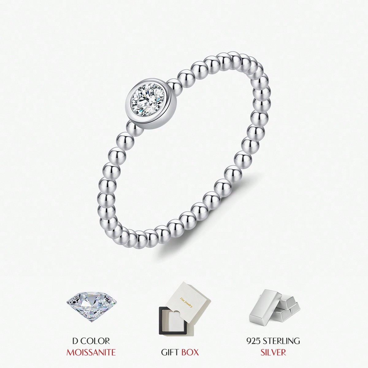 Anillo de Moissanita en engarce de plata esterlina 925, muy de moda y con cuentas apilables para los dedos de las mujeres, joyería con diamantes de l