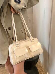 Large Capacity Work PU Tote Bag, Simple & Fashionable Women's Shoulder Bag With Multiple Pockets, Solid Color, Personalized & Large Capacity Handbag - Beige - View 9