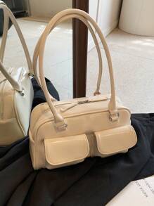 Large Capacity Work PU Tote Bag, Simple & Fashionable Women's Shoulder Bag With Multiple Pockets, Solid Color, Personalized & Large Capacity Handbag - Beige - View 1