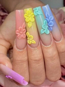 1入組繽紛色彩花朵5D浮雕指甲貼紙，亞克力花瓣葉片雛菊花卉印花DIY凝膠美甲自粘雕刻貼紙指甲藝術裝飾 - 彩色 - 查看 7