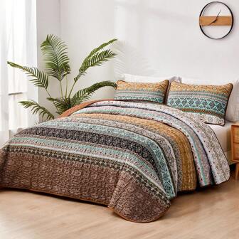 3 Pieces WONGS BEDDING Boho Queen King Quilt Sets, Yellow Orange/Green/Blue/Purple/Yellow/Grey Bohemian Quilt Bedding Set, Lightweight Microfiber Bed Decor Bedspread For All Season
