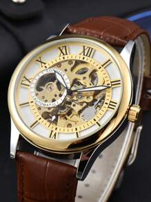 LONGLUX 1 件男士镂空自动机械表，防水皮革表带，罗马数字显示，馈赠佳品