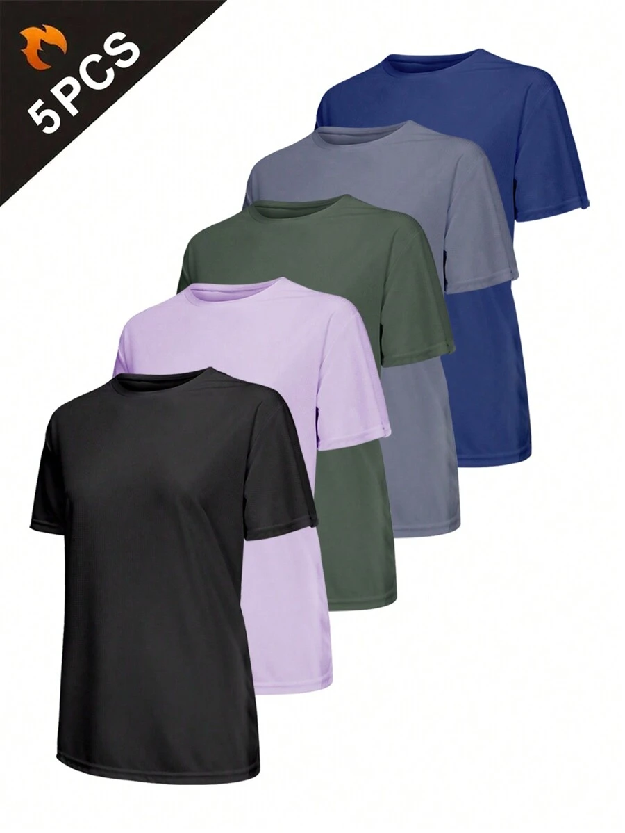 5 件女式纯色超轻速干运动 T 恤，灰色+黑色+白色+蓝色+紫色，透气轻便上衣，适合健身训练锻炼跑步健身房 - 紫羅蘭色 - 查看 1