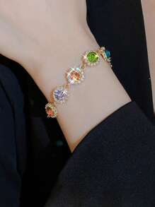 1入組閃亮圓形鑲嵌鑽石手鏈，鋅合金珠寶，優雅豪華風格，適用於女士婚禮手鏈 - 金色 - 查看 8