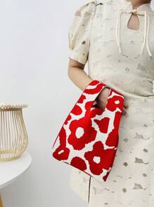 lulu kewen 1pc Floral Pattern Crochet Handbag, Mini Crochet Tote Bag, Floral Design, Crochet Knit, Breathable & Lightweight, Foldable, Pockets