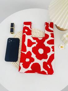 lulu kewen 1pc Floral Pattern Crochet Handbag, Mini Crochet Tote Bag, Floral Design, Crochet Knit, Breathable & Lightweight, Foldable, Pockets